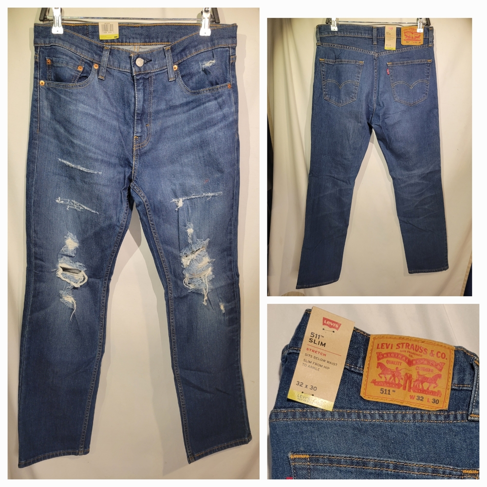 NWT 👖 Levi's 511 Slim Fit Jeans Distressed With Stretch Blue Men's 32×30 Holey